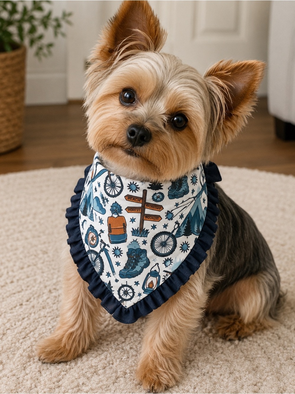 Griffy & Drake Navy Ruffle Adventure Dog Bandana - Blue Travel Print XS 8” NWT